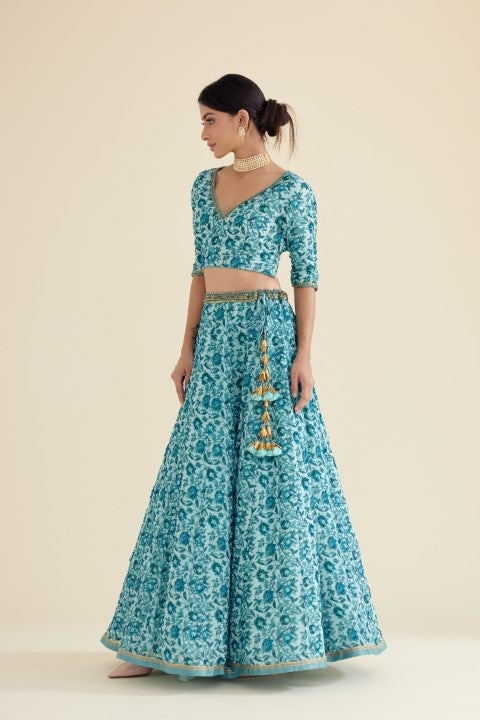 Sea Blue and Turqoish Print Lehenga Set