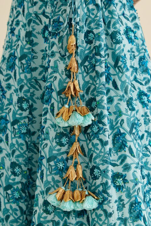 Sea Blue and Turqoish Print Lehenga Set