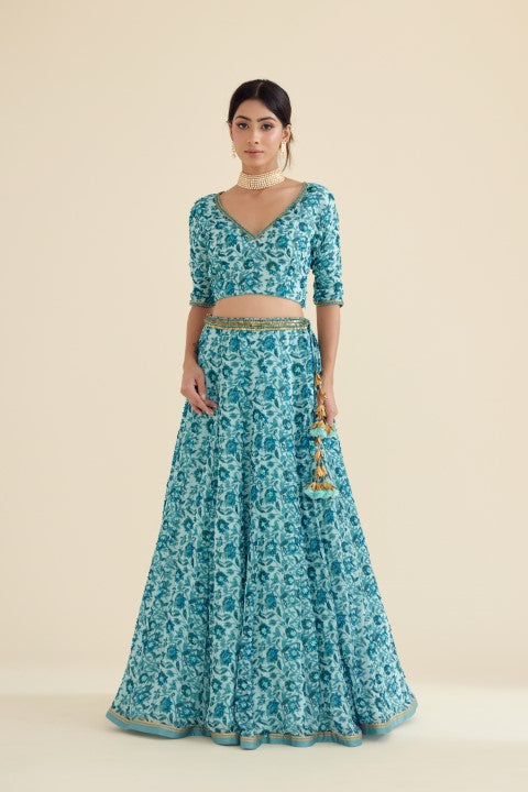 Sea Blue and Turqoish Print Lehenga Set