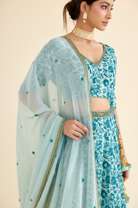 Sea Blue and Turqoish Print Lehenga Set