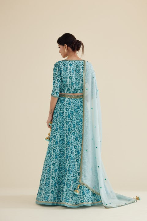 Sea Blue and Turqoish Print Lehenga Set