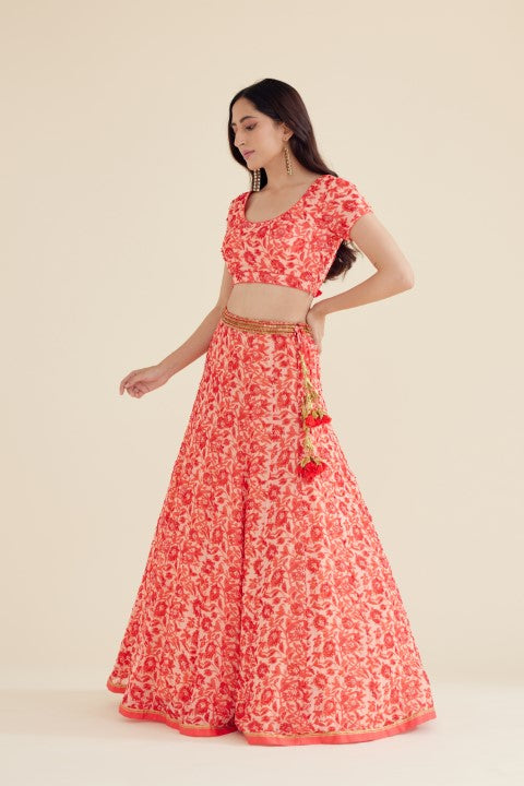 Coral Red Printed Lehenga Set