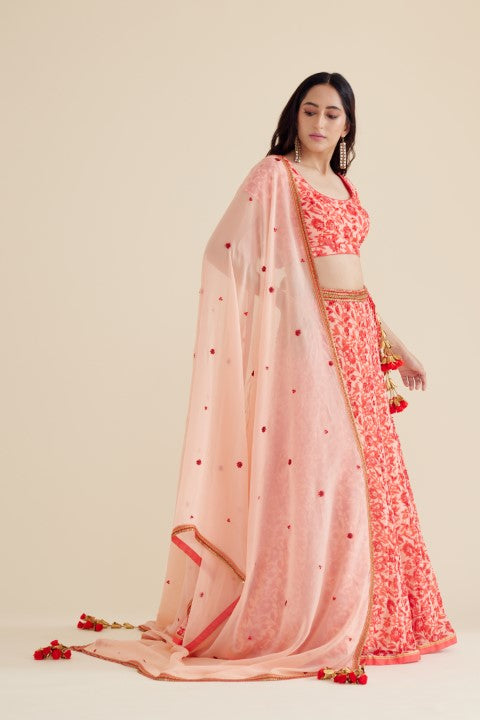 Coral Red Printed Lehenga Set