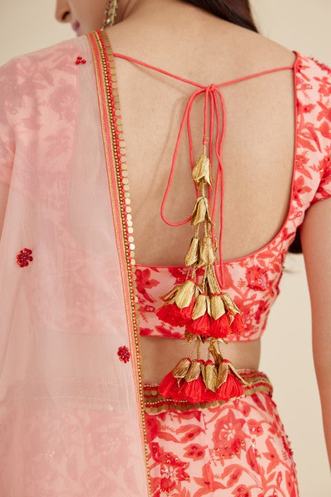 Coral Red Printed Lehenga Set