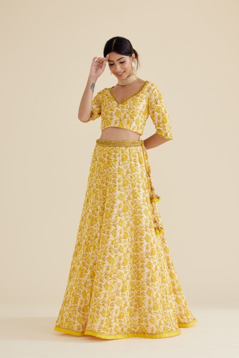 Yellow Printed Lehenga Set