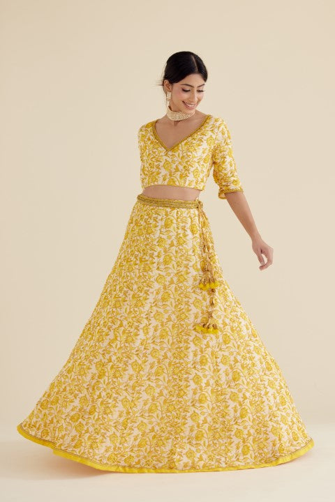 Yellow Printed Lehenga Set