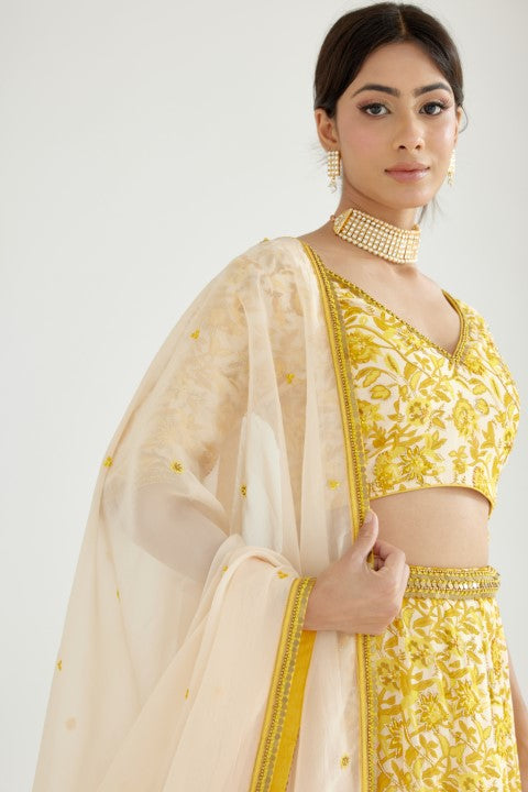 Yellow Printed Lehenga Set