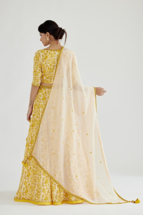 Yellow Printed Lehenga Set