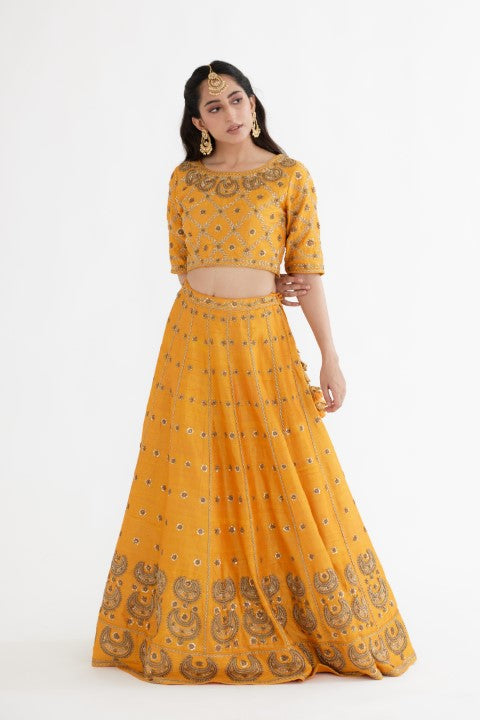 Ochre Yellow Lehenga Paired with Blouse and Cream Dupatta