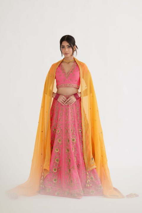 Hot Pink Lehenga with Yellow Dupatta Set
