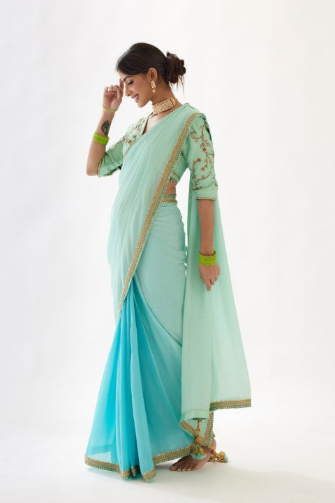 Light Blue and Turquish Ombre Saree Set