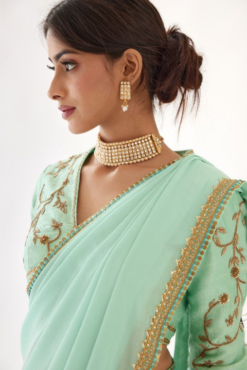 Light Blue and Turquish Ombre Saree Set