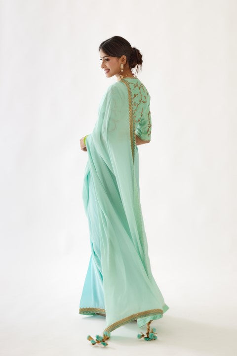 Light Blue and Turquish Ombre Saree Set