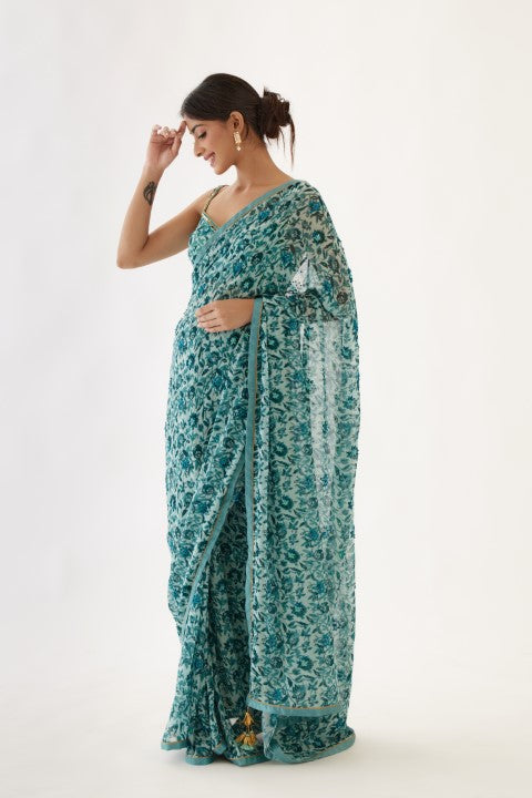 Sea Green and Turquish Blue Saree Set
