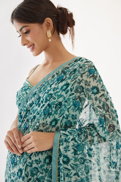 Sea Green and Turquish Blue Saree Set