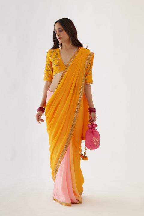 Ochre Yellow and Light Pink Ombre Saree Set