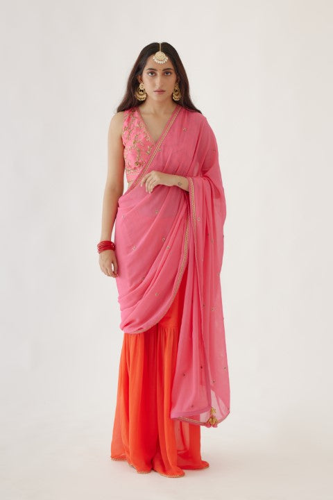 Pink and Gajjari Sharara Saree Set