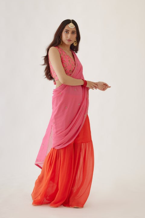 Pink and Gajjari Sharara Saree Set
