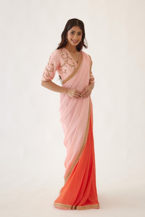 Peach and Orange Ombree Saree set