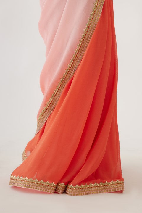 Peach and Orange Ombree Saree set
