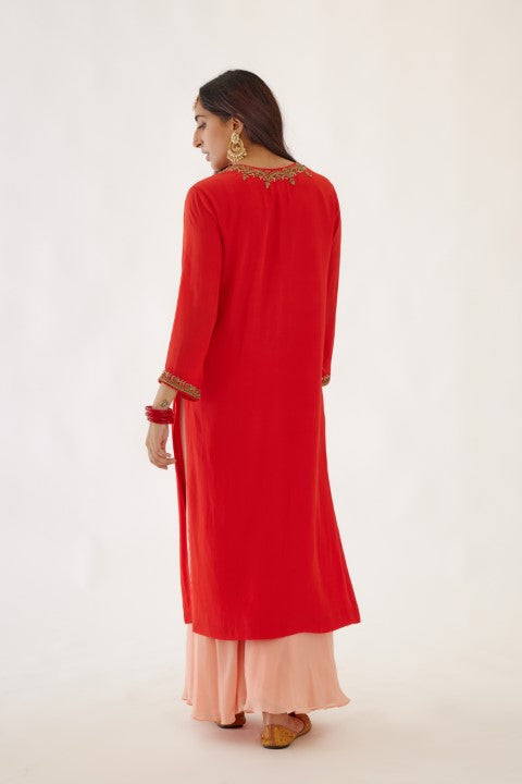 Coral Red Kurta Sharara Set