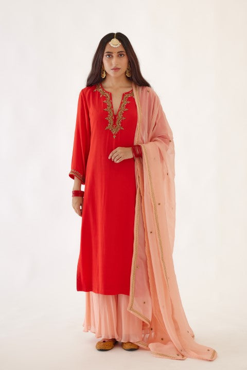 Coral Red Kurta Sharara Set