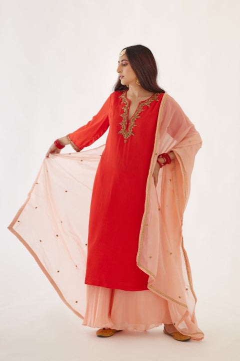 Coral Red Kurta Sharara Set