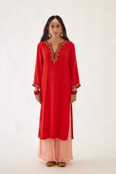Coral Red Kurta Sharara Set