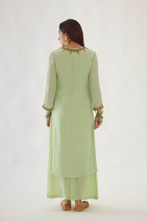 Mint Green and Coral Embroidered Kurta Set