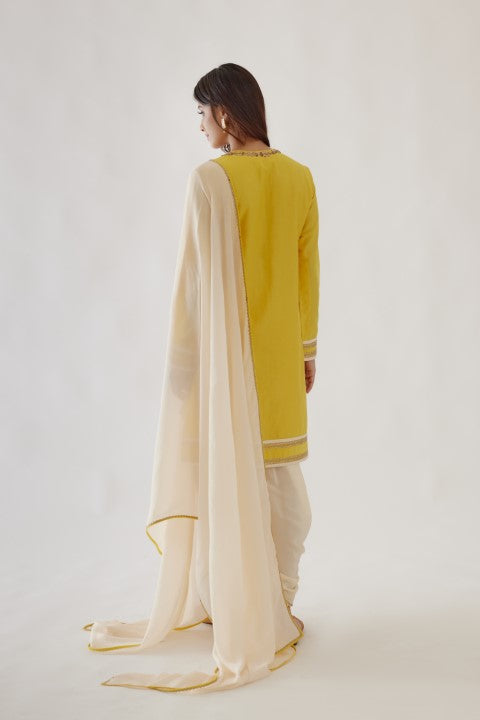 Handwoven Cotton Silk Yellow and Cream Kurta Dhoti Set