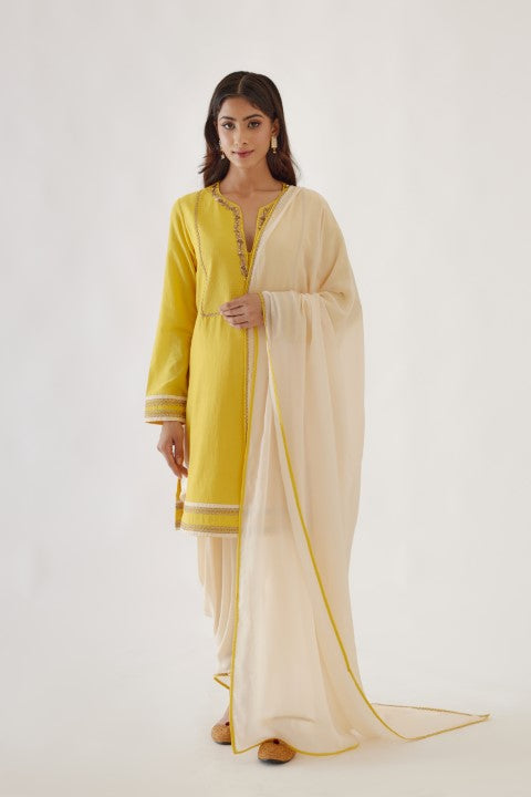 Handwoven Cotton Silk Yellow and Cream Kurta Dhoti Set