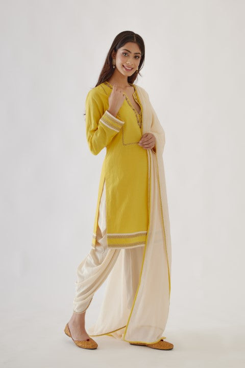 Handwoven Cotton Silk Yellow and Cream Kurta Dhoti Set