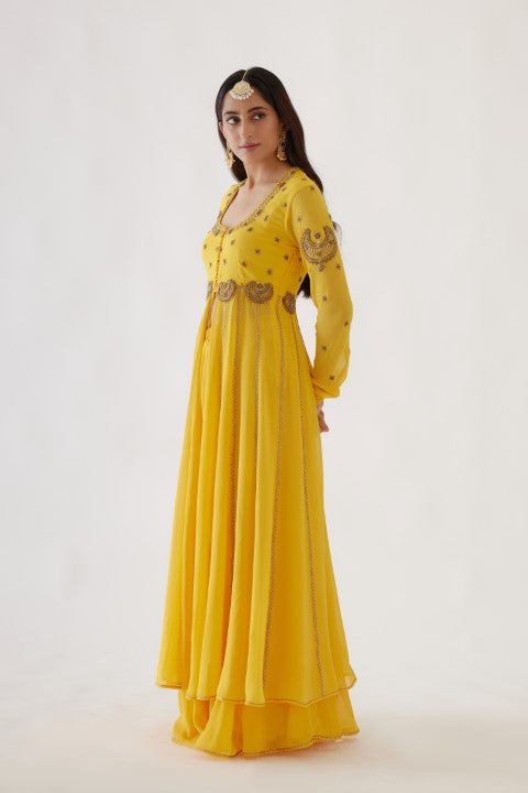 Yellow Embroidered Kalidar Set