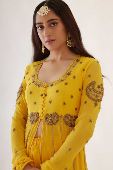 Yellow Embroidered Kalidar Set
