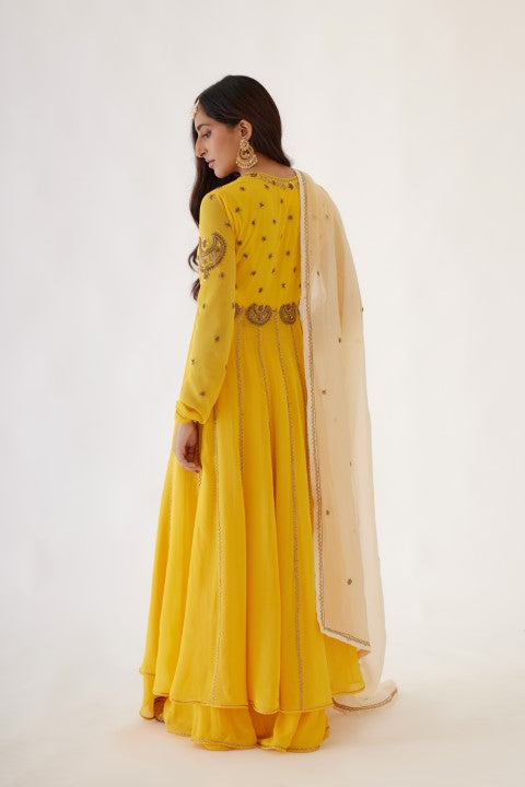 Yellow Embroidered Kalidar Set