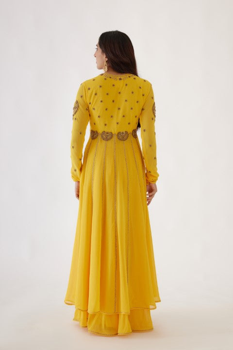 Yellow Embroidered Kalidar Set
