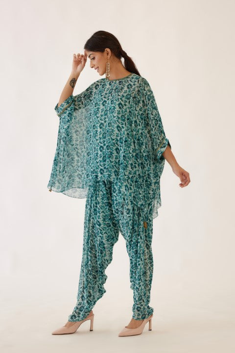 Sea Blue and Turquiose Floral Print Dhoti Set