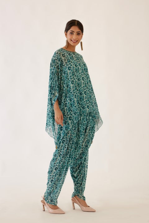 Sea Blue and Turquiose Floral Print Dhoti Set