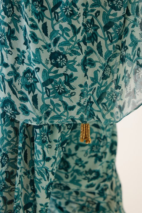 Sea Blue and Turquiose Floral Print Dhoti Set