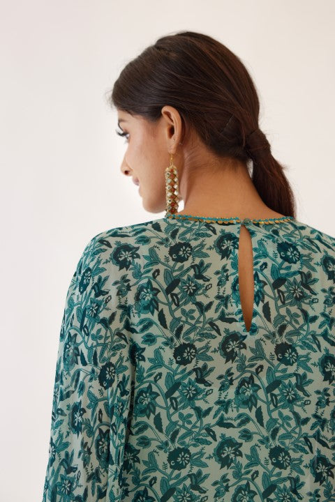 Sea Blue and Turquiose Floral Print Dhoti Set