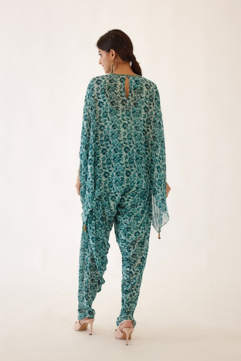 Sea Blue and Turquiose Floral Print Dhoti Set