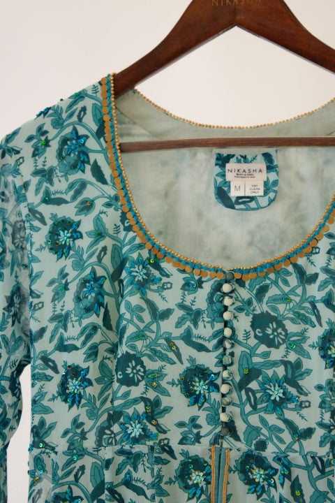 Sea Blue and Turquiose Floral Printed Kalidar Set