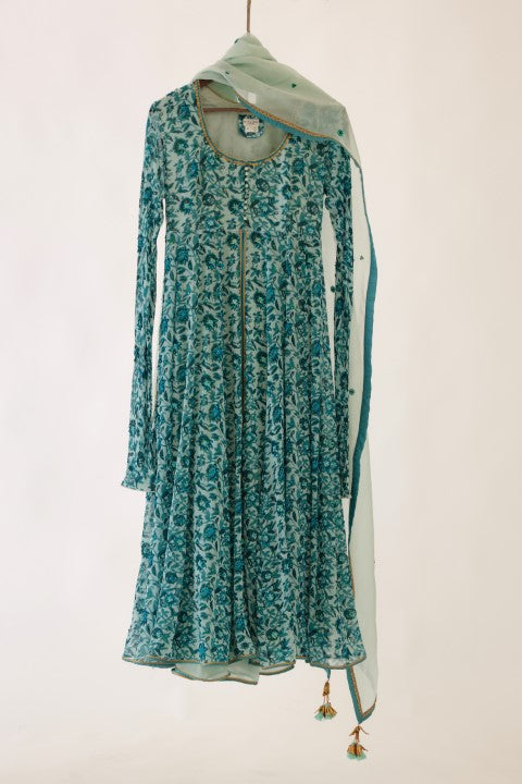 Sea Blue and Turquiose Floral Printed Kalidar Set