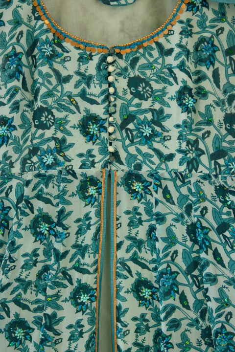 Sea Blue and Turquiose Floral Printed Kalidar Set