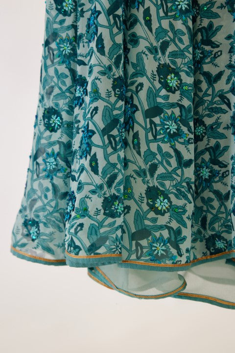 Sea Blue and Turquiose Floral Printed Kalidar Set