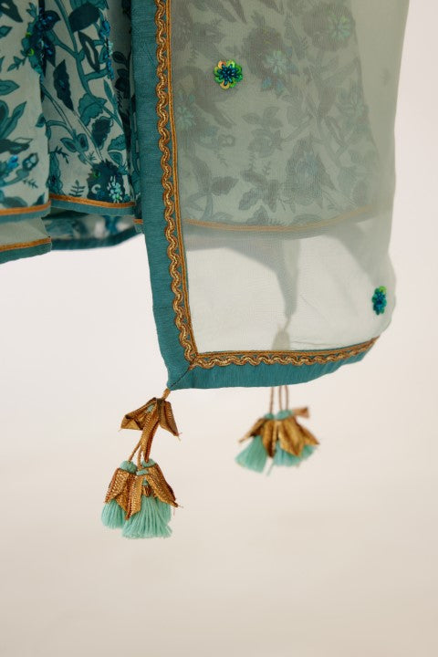 Sea Blue and Turquiose Floral Printed Kalidar Set