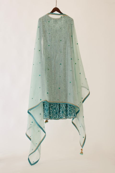 Sea Blue and Turquiose Floral Printed Kalidar Set