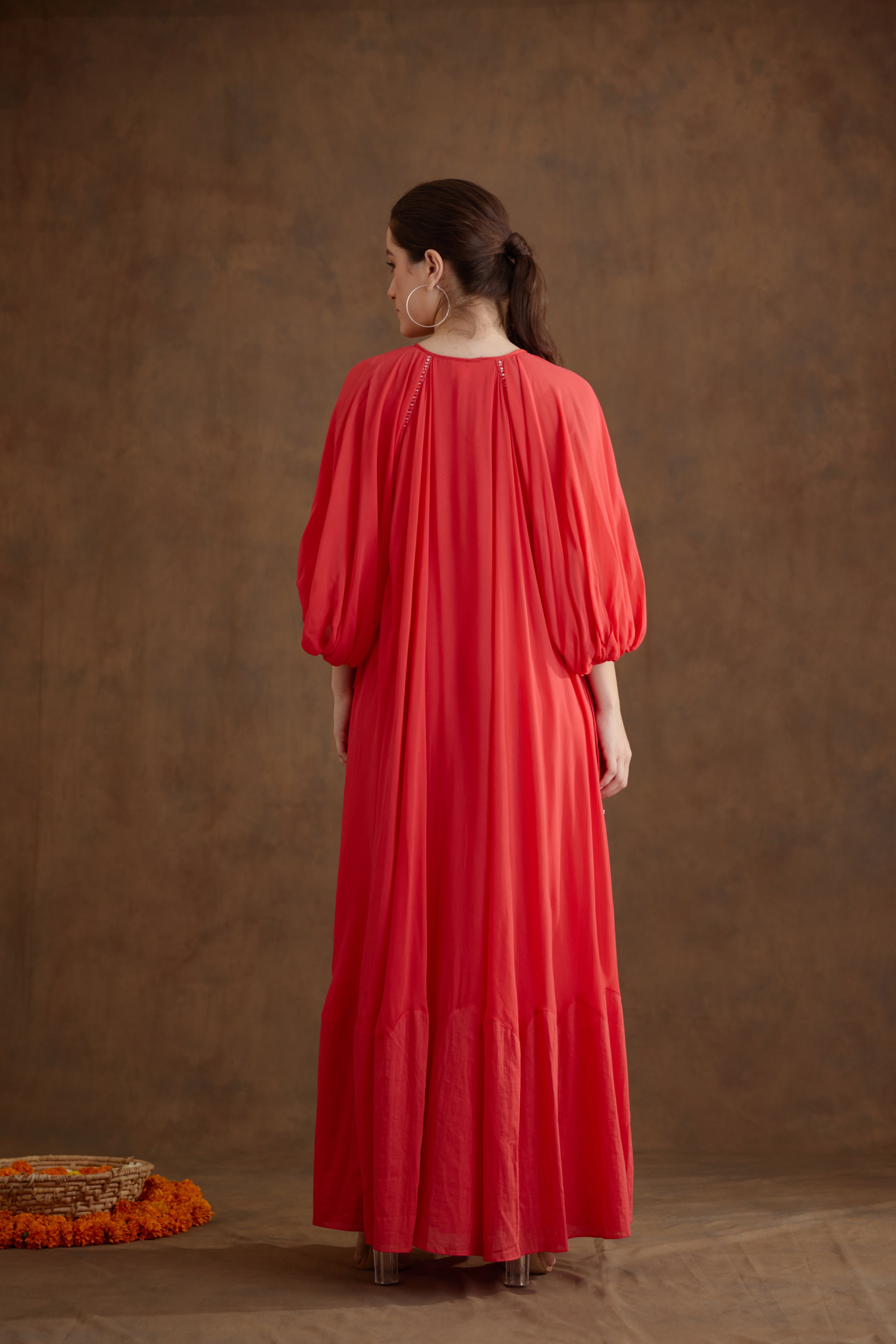 Coral hand embroidered Maxi dress