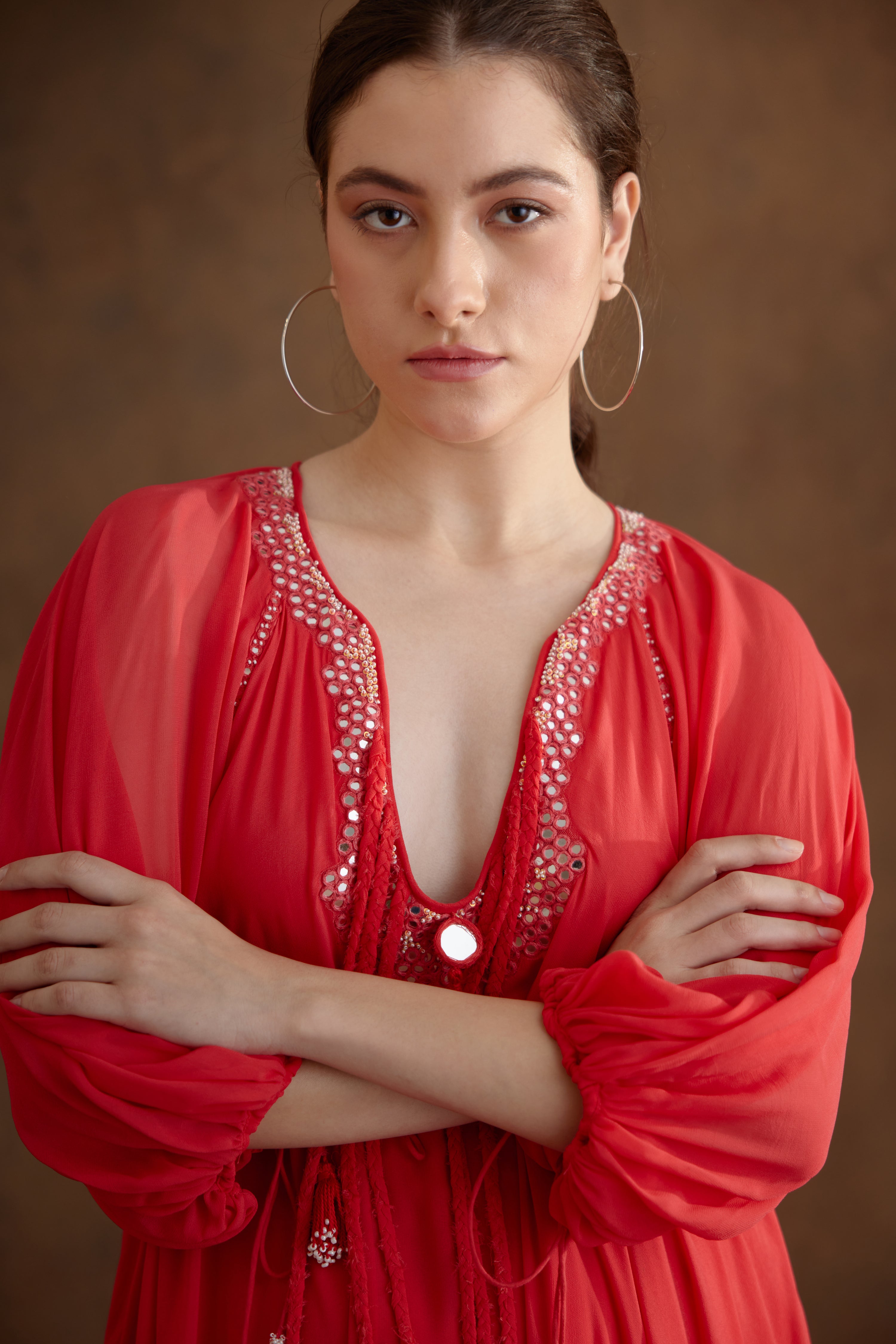Coral hand embroidered Maxi dress