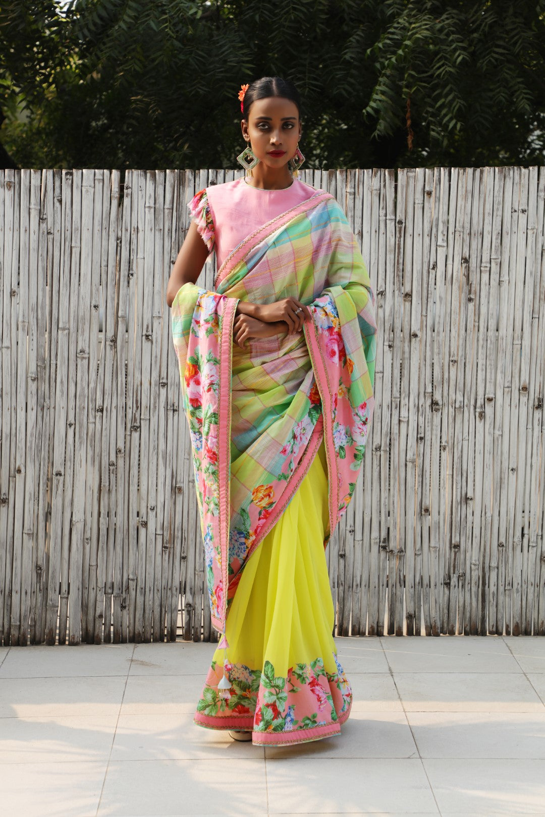 Plaid saree with solid lime green georgette in inner wrap with applique of  vintage rose.